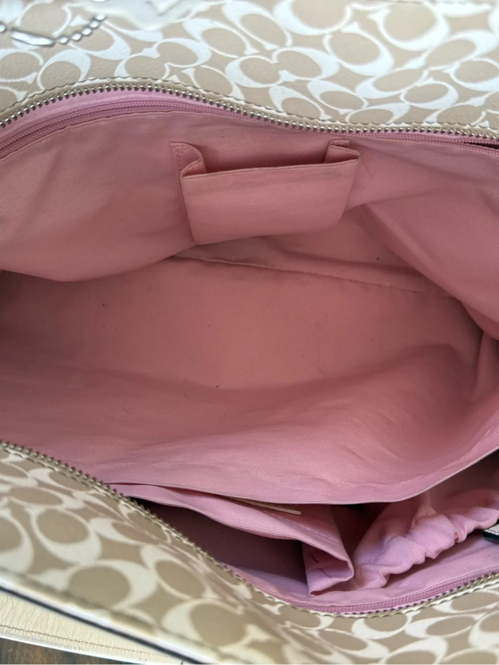 Coach Beige Tote with Pink Center Stripe